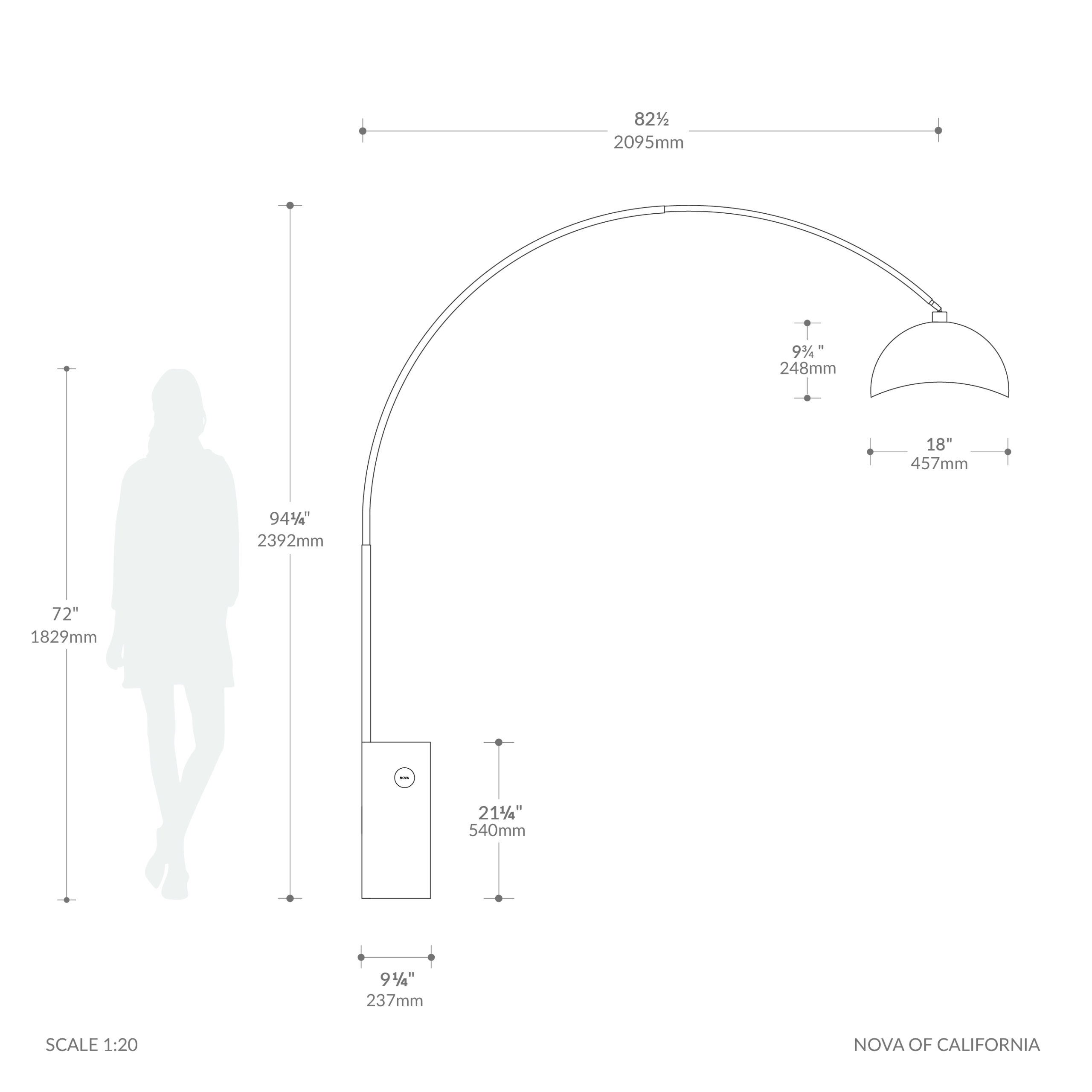 Iconic 92″ Arc Lamp – Black Nickel, Black Marble Base, Luna Bella Matte Black/Silver Shade, Dimmable, Bulb Included