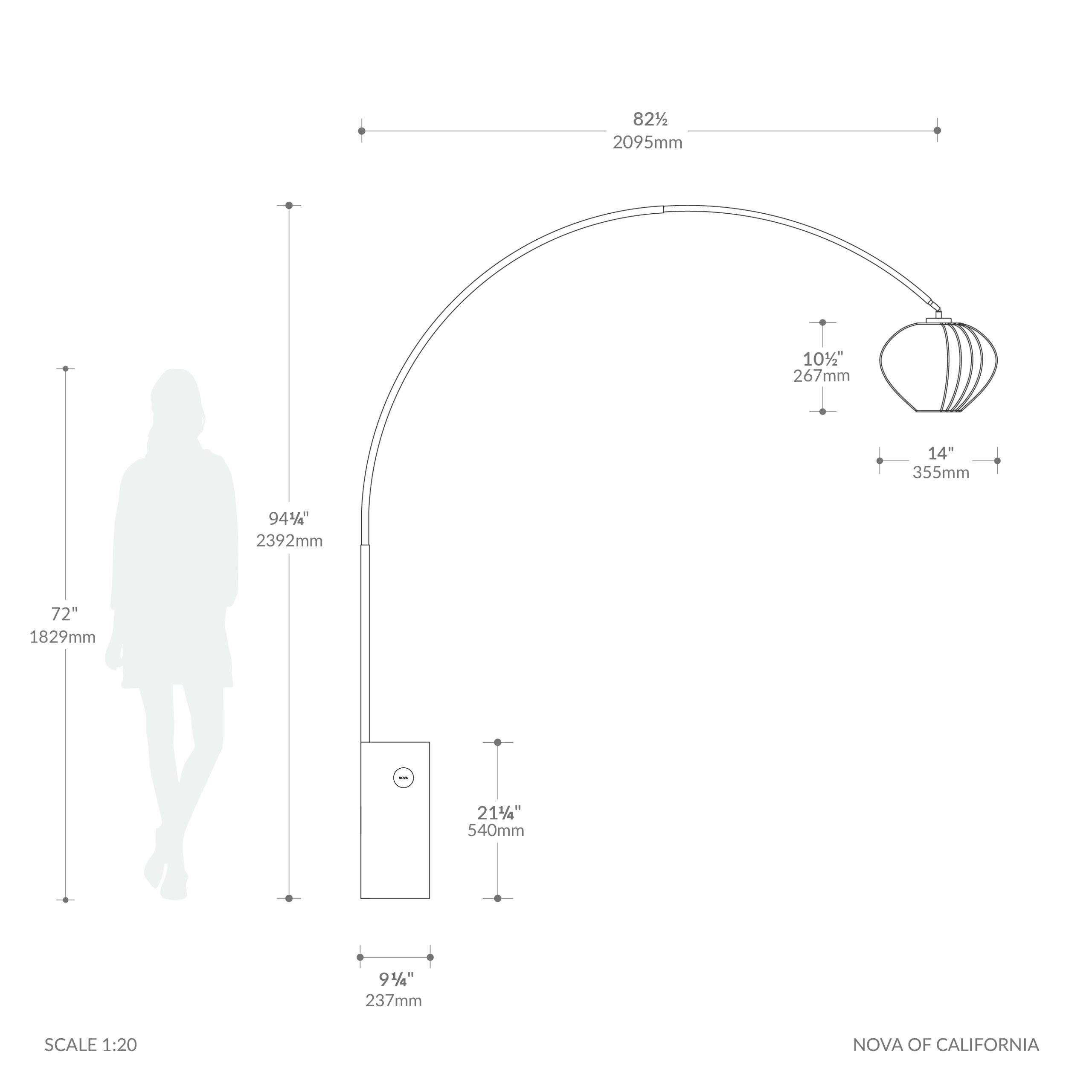 Iconic 92″H 1-Light Arc Lamp, Bloom White Satin Shade, Black Block Marble Base, Satin Nickel