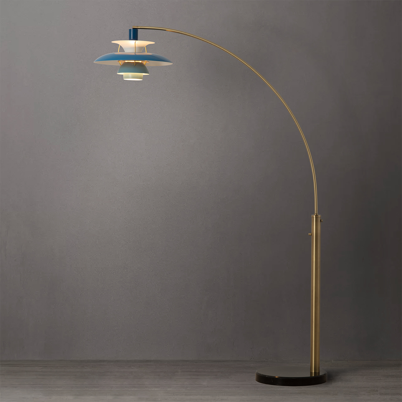 Palm Springs 1 Light Arc Floor Lamp – 87″, Weathered Brass & Blue Tonal Shades, Marble base, Dimmer Switch