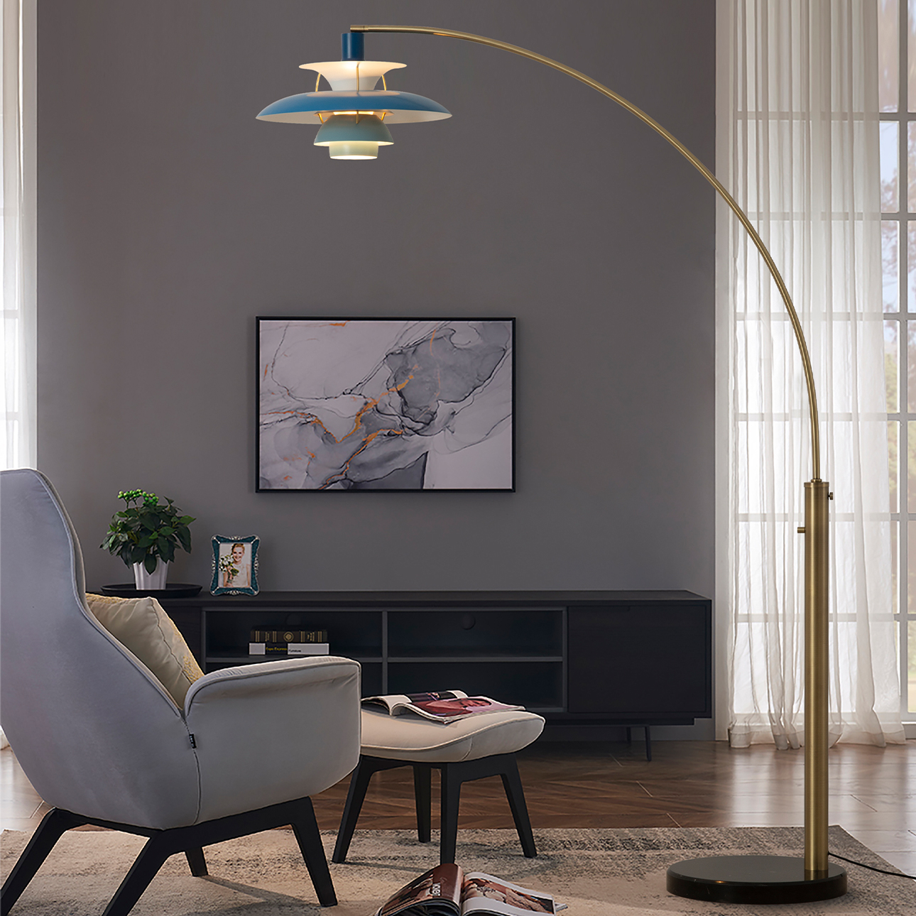 Palm Springs 1 Light Arc Floor Lamp – 87″, Weathered Brass & Blue Tonal Shades, Marble base, Dimmer Switch