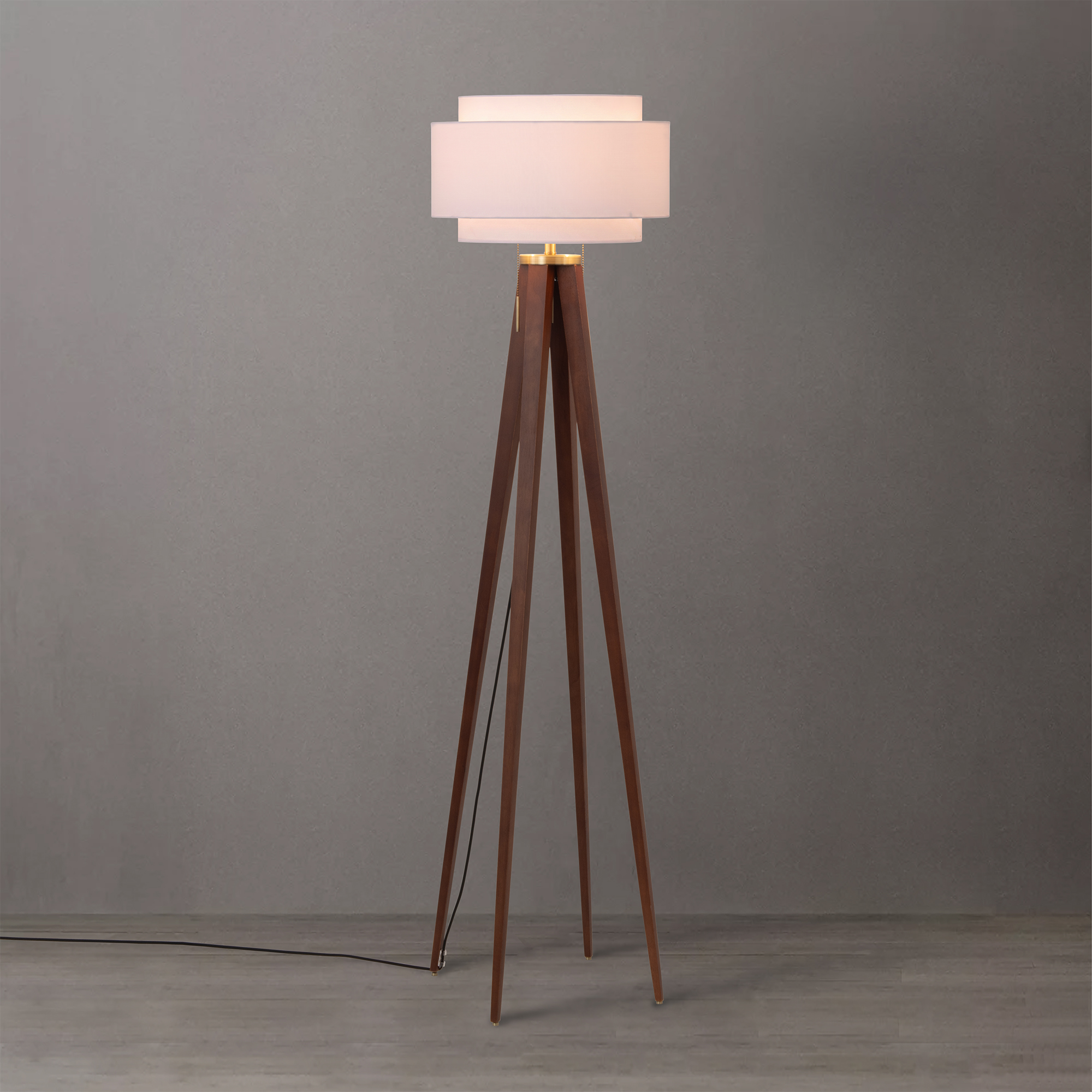 Quattro Floor Lamp, Coronado White Linen Shade, Weathered Brass, Dark Walnut