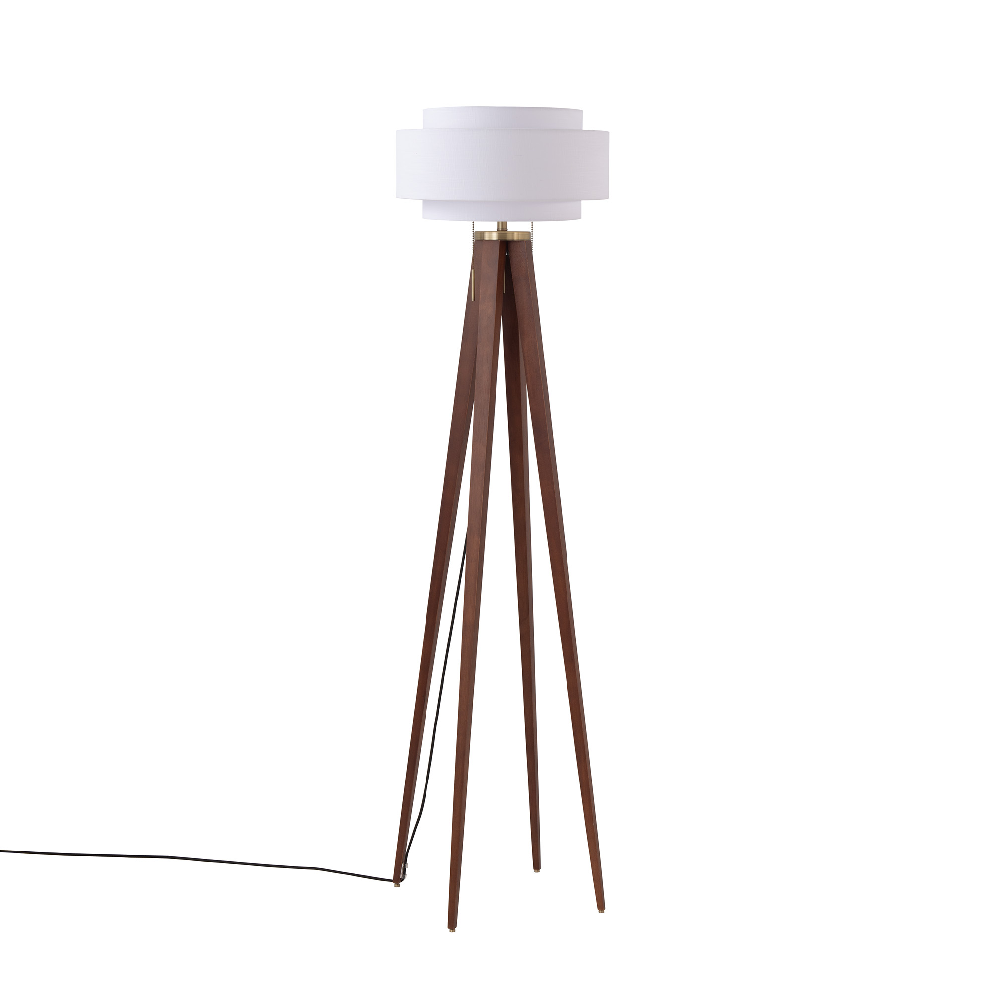Quattro Floor Lamp, Coronado White Linen Shade, Weathered Brass, Dark Walnut