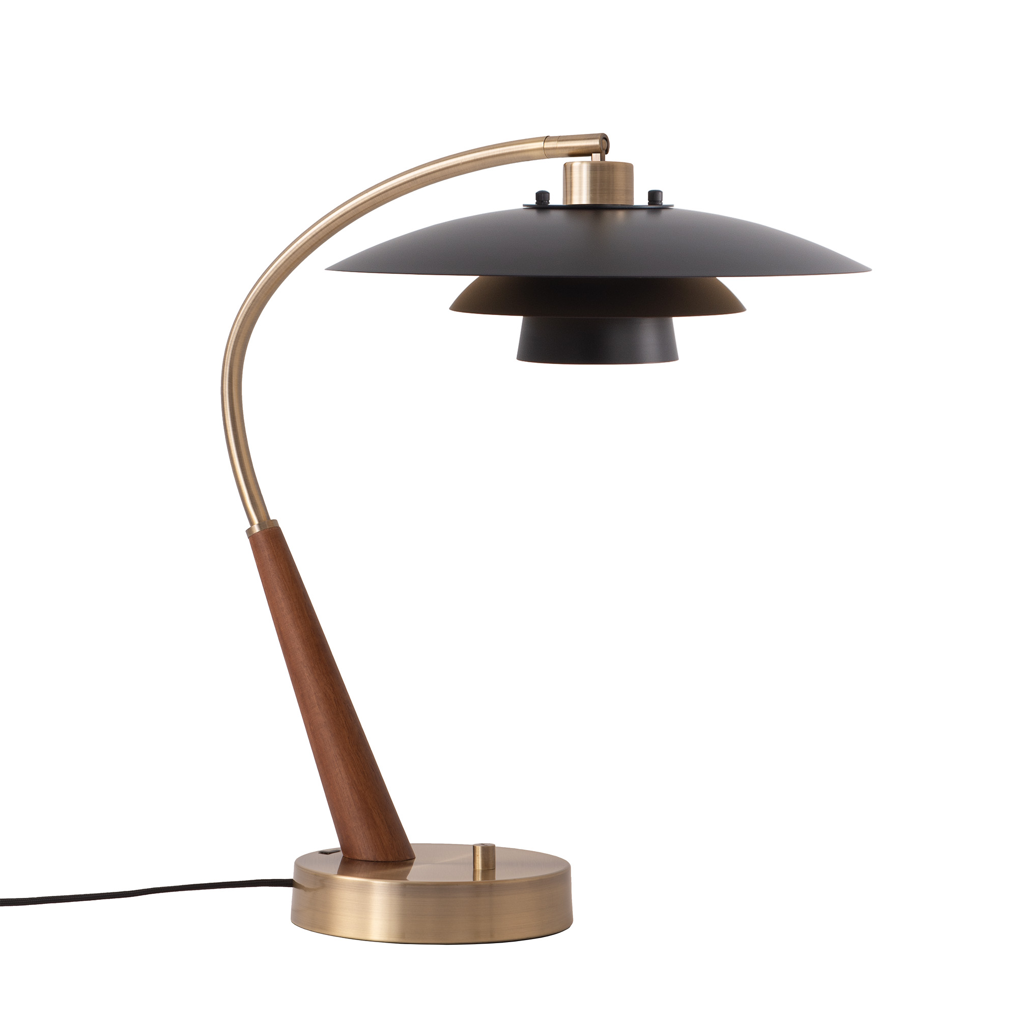 Boomerang Table Lamp, Rancho Mirage Matte Black/Gold Shade, Dark Walnut/Weathered Brass Base
