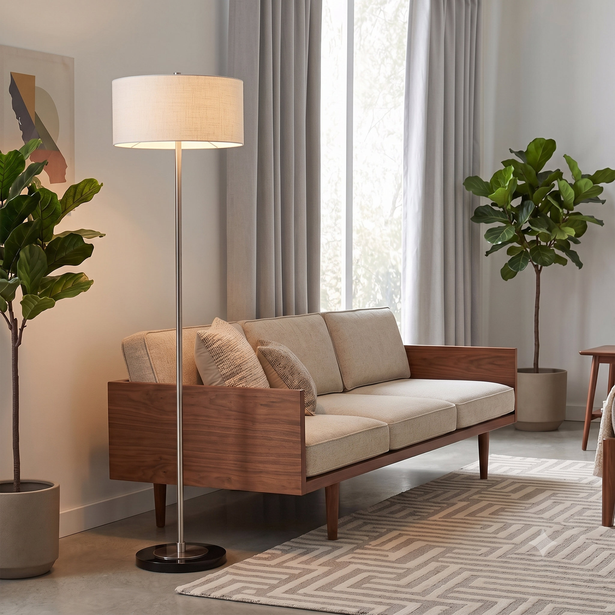 Stretch Slimline Floor Lamp, White Linen Shade, Satin Nickel Base