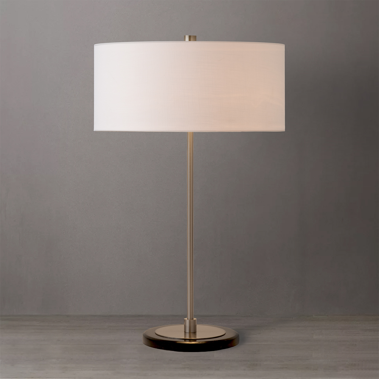 Stretch Slimline Table Lamp, White Linen Shade, Satin Nickel Base