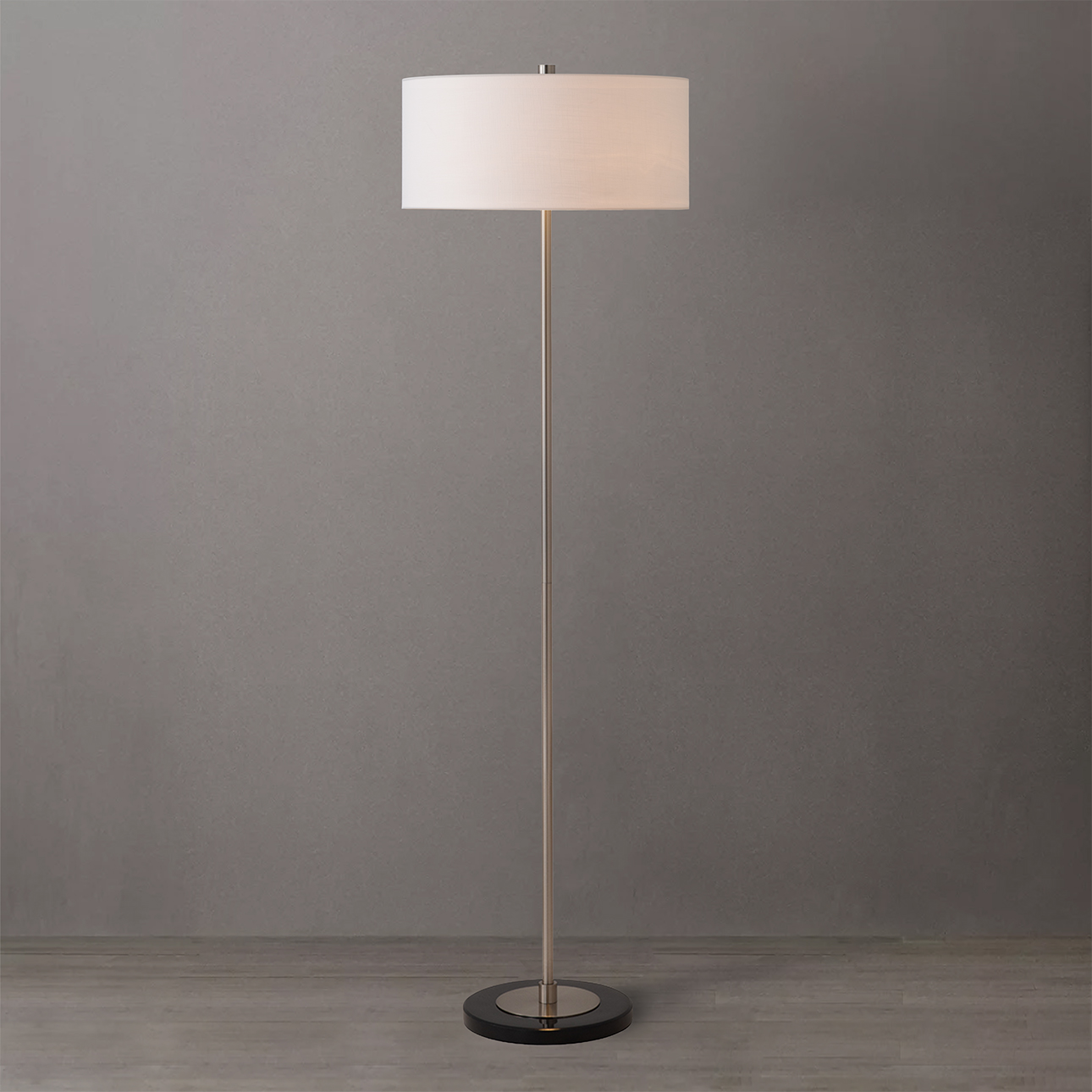 Stretch Slimline Floor Lamp, White Linen Shade, Satin Nickel Base
