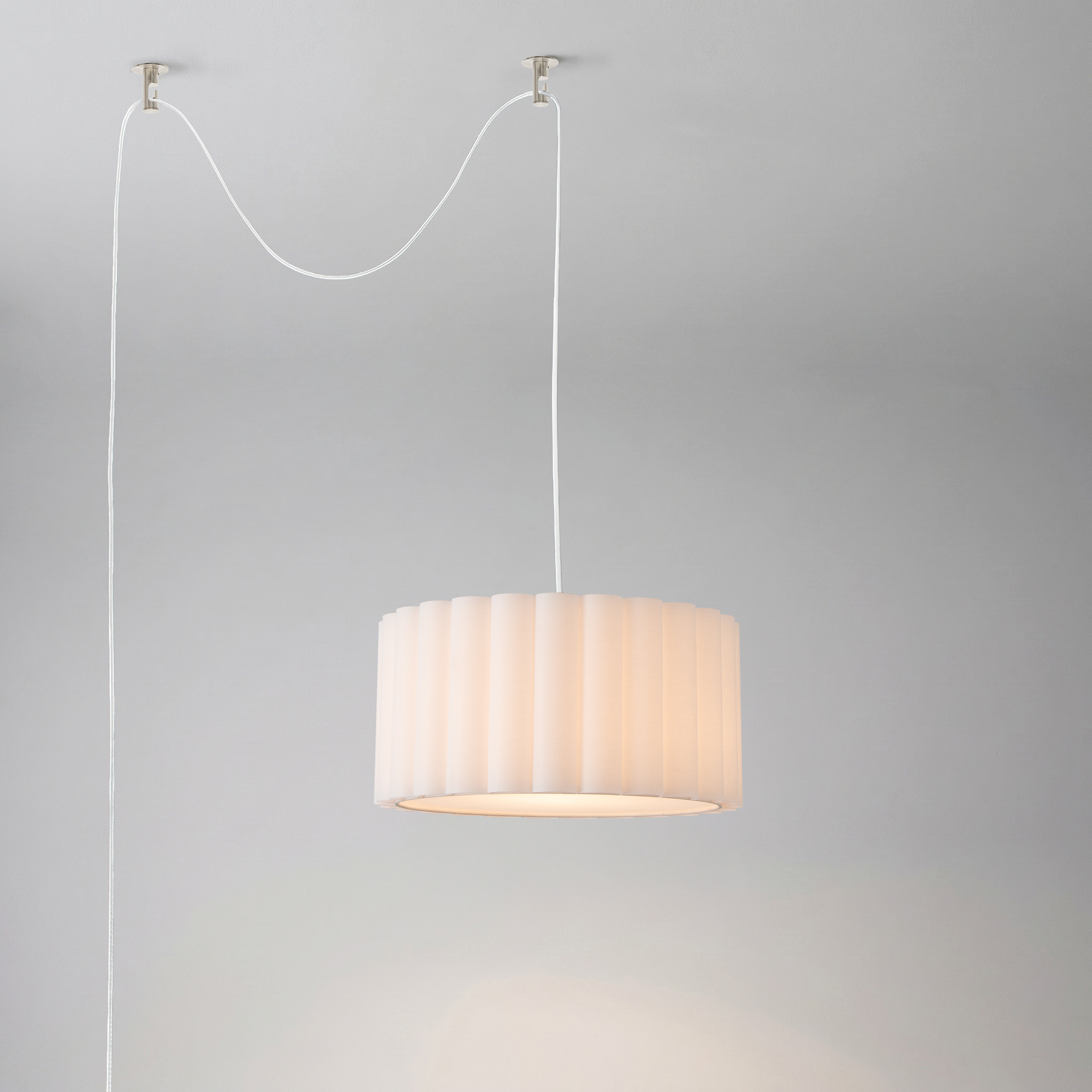 Swag Lamp, White Scallop Shade, Satin Nickel, for Living Room or Bedroom
