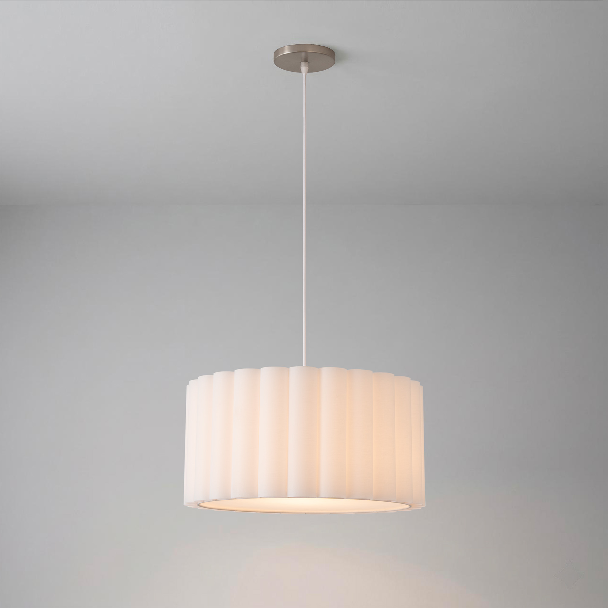 Pendant, White Scallop Linen Medium Shade, Satin Nickel