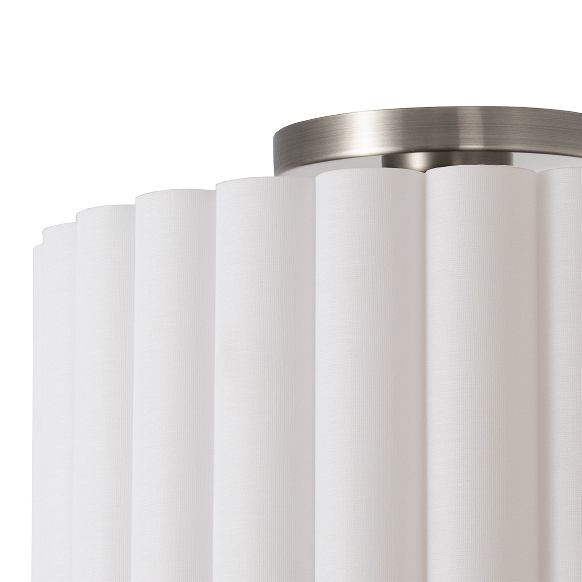 7.5″D Flush Mount, White Scallop Linen Medium Shade, Satin Nickel