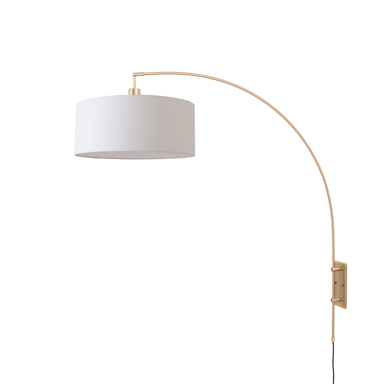 Span Wall Mounted Arc Lamp - Weathered Brass, White Fabric Drum Shade, Dimmable, Bulb Included