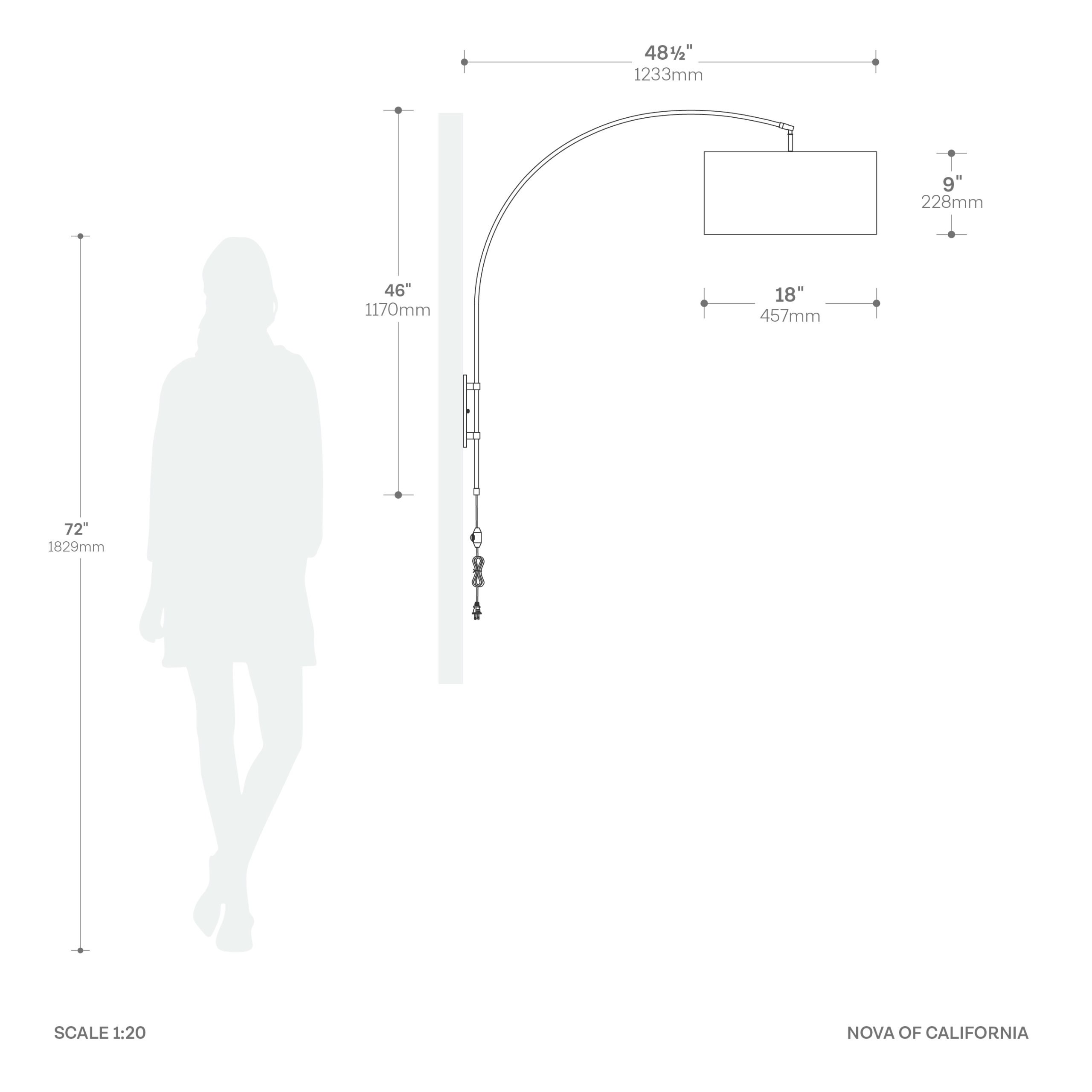 Span Wall Mounted Arc Lamp – Weathered Brass, White Fabric Drum Shade, Dimmable, Bulb Included