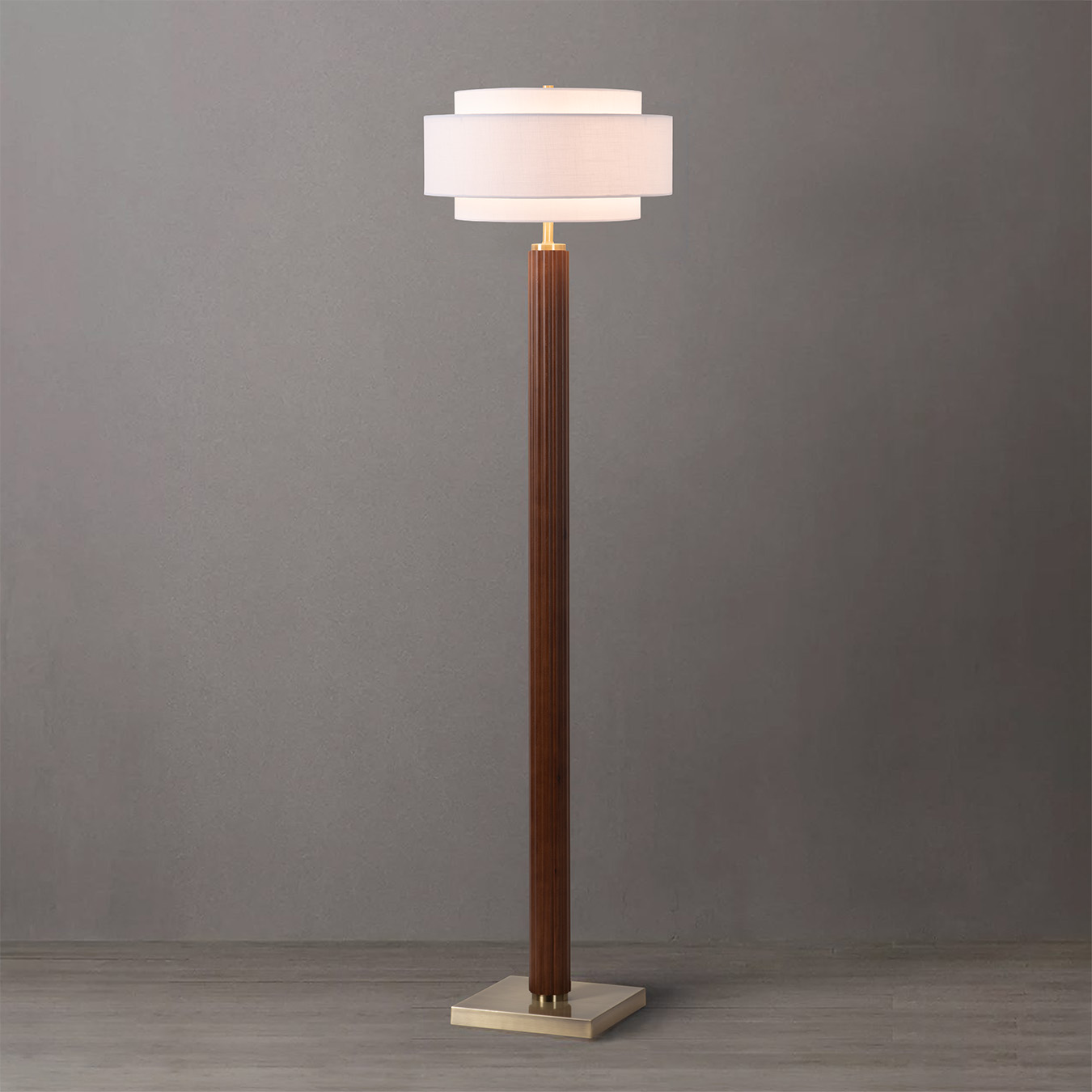 Tambo Floor Lamp, Dark Walnut, Weathered Brass, Coronado White Linen Shade