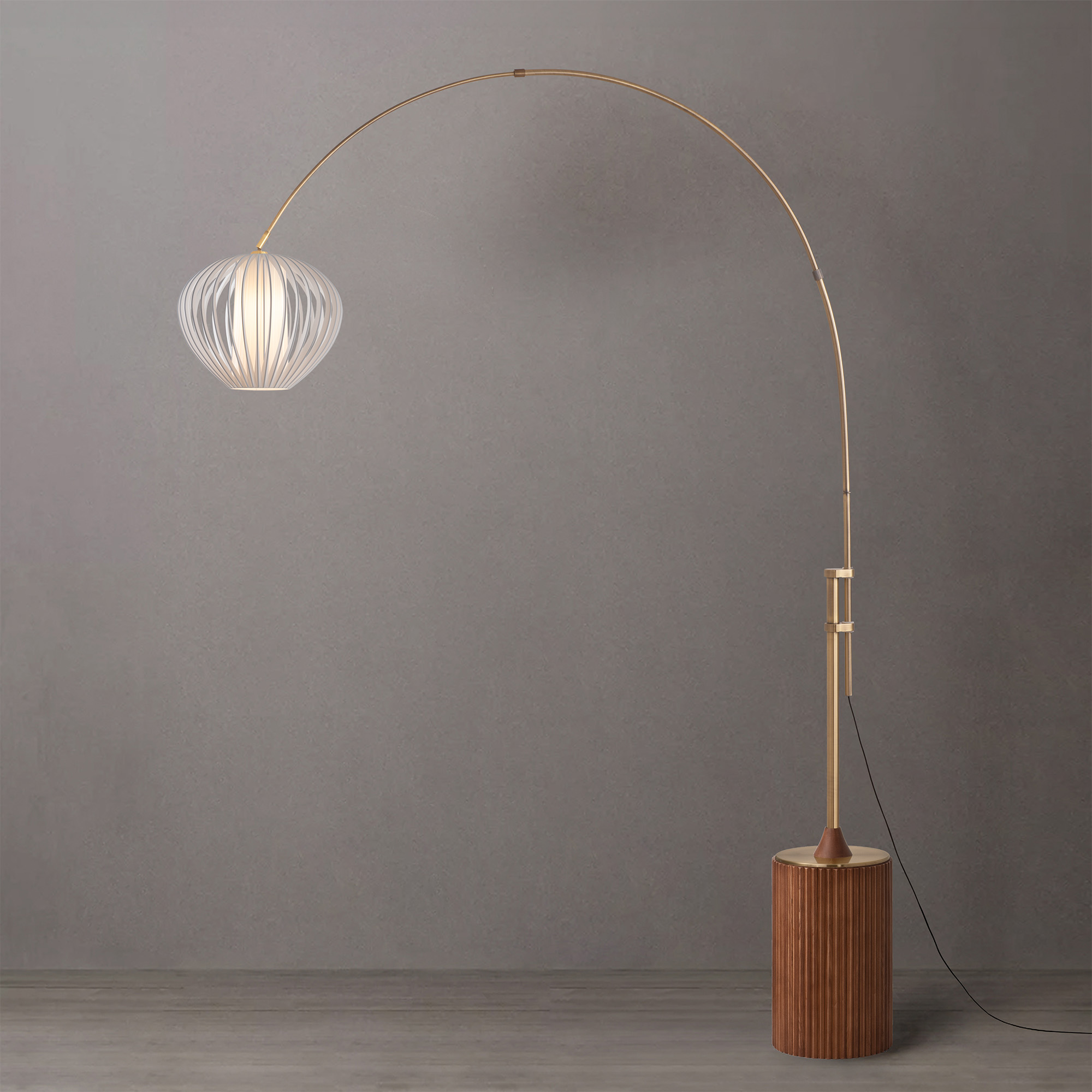 Tambo 92″H Arc Lamp, Dark Walnut Tambo Base, Weathered Brass, Bloom White Satin Shade, Dimmable, for Living Room or Bedroom
