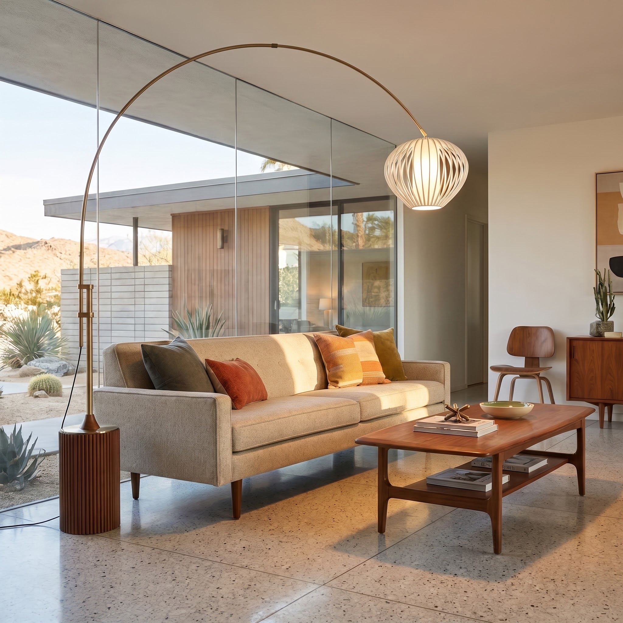 Tambo 92″H Arc Lamp, Dark Walnut Tambo Base, Weathered Brass, Bloom White Satin Shade, Dimmable, for Living Room or Bedroom