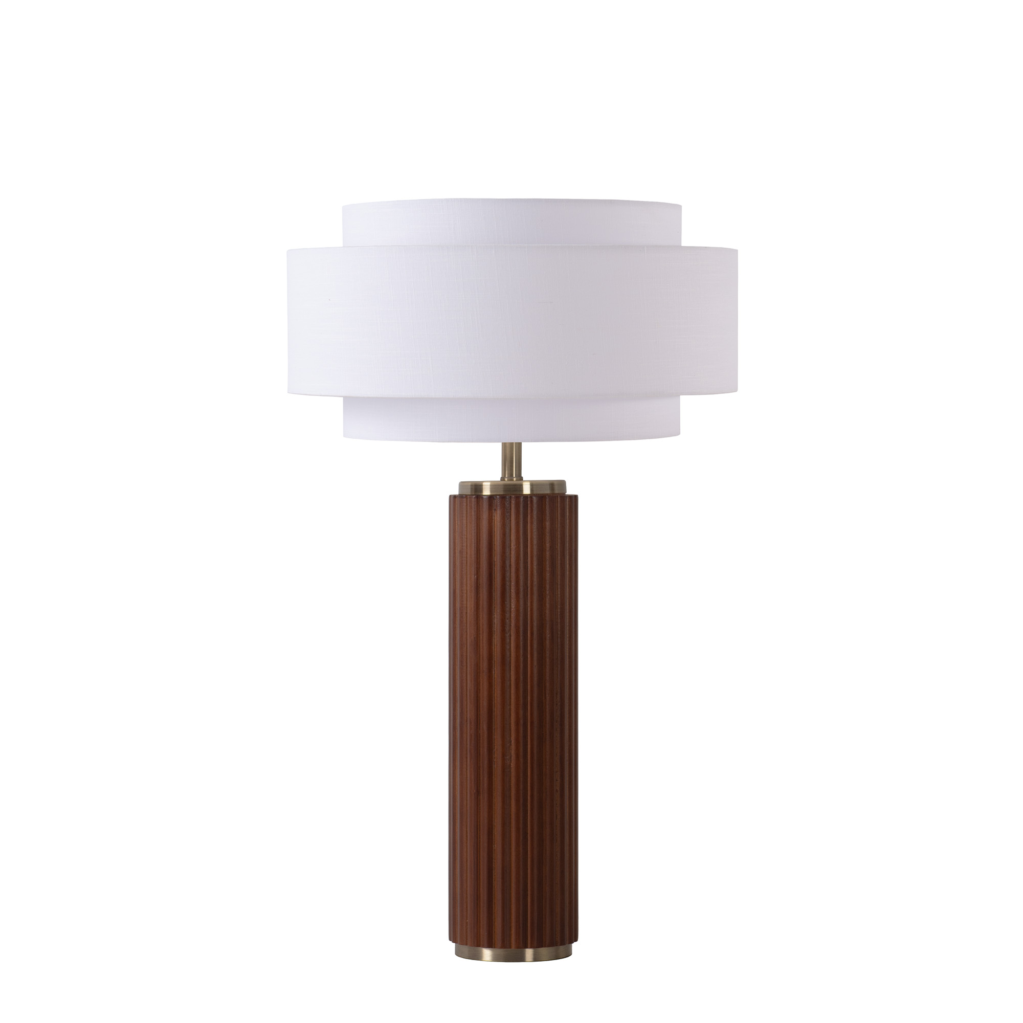 Tambo Table Lamp, Coronado White Linen Shade, Weathered Brass, Dark Walnut