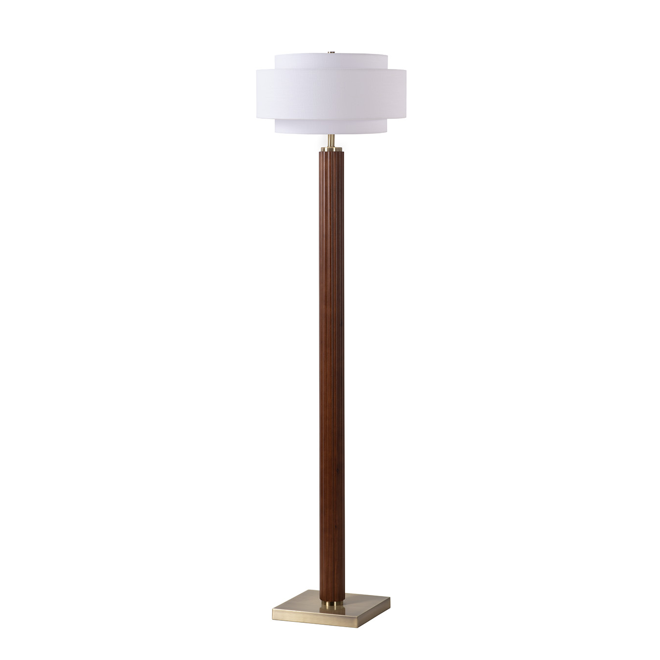 Tambo Floor Lamp, Dark Walnut, Weathered Brass, Coronado White Linen Shade