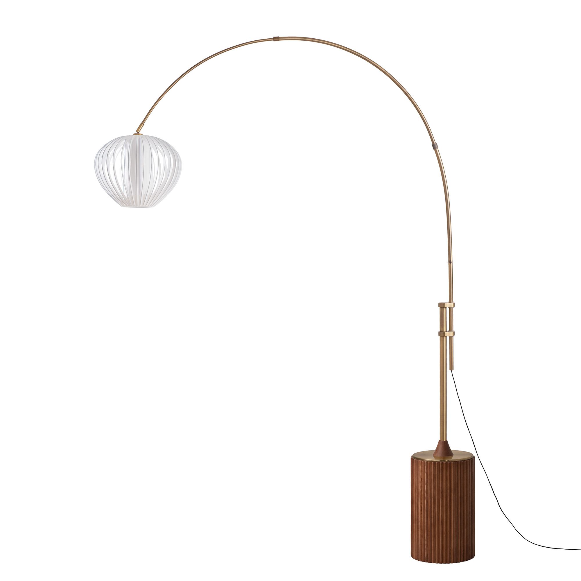 Tambo 92"H Arc Lamp, Dark Walnut Tambo Base, Weathered Brass, Bloom White Satin Shade, Dimmable, for Living Room or Bedroom