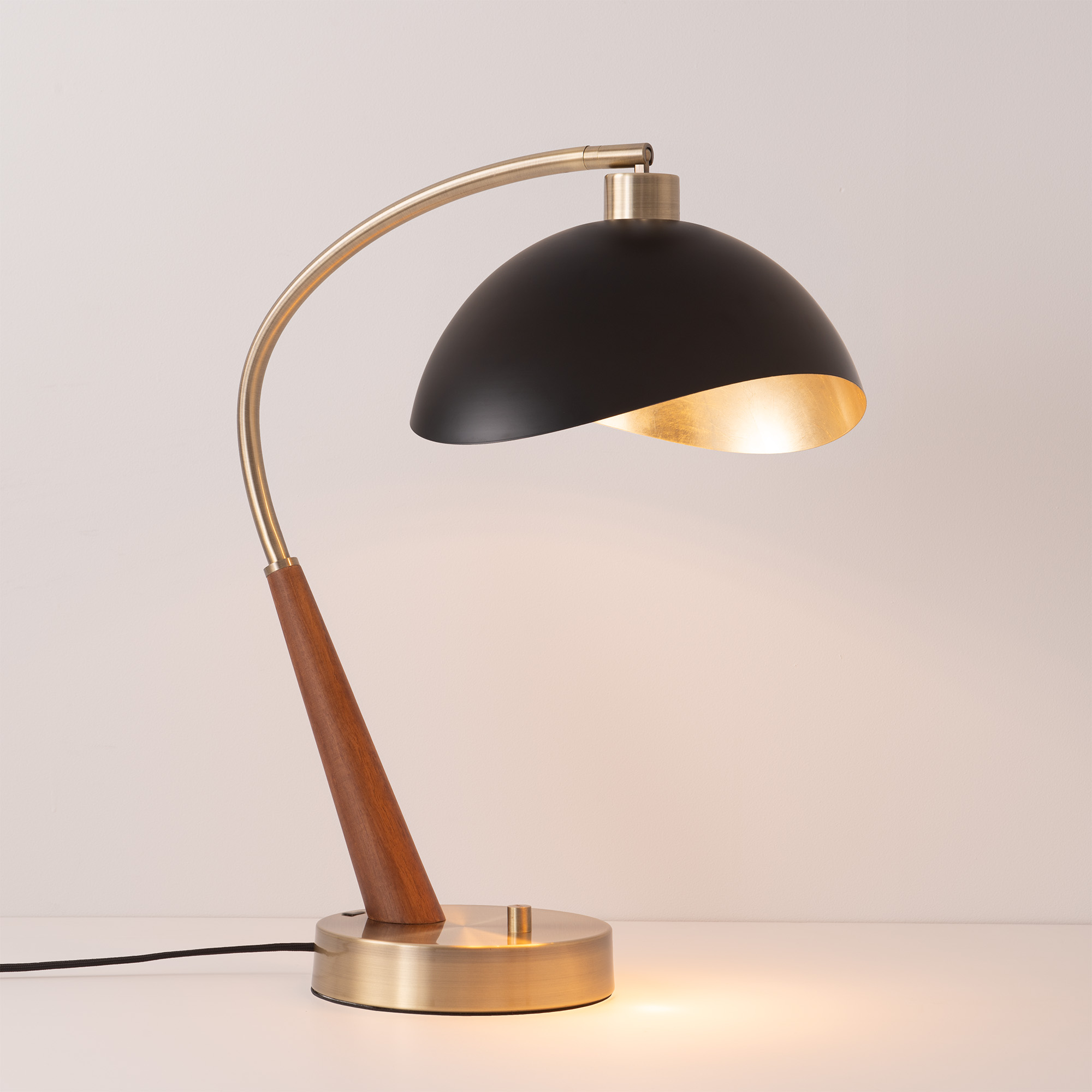 Boomerang Table Lamp, Luna Bella Matte Black/Gold-Leaf Shade, Dark Walnut/Weathered Brass Base