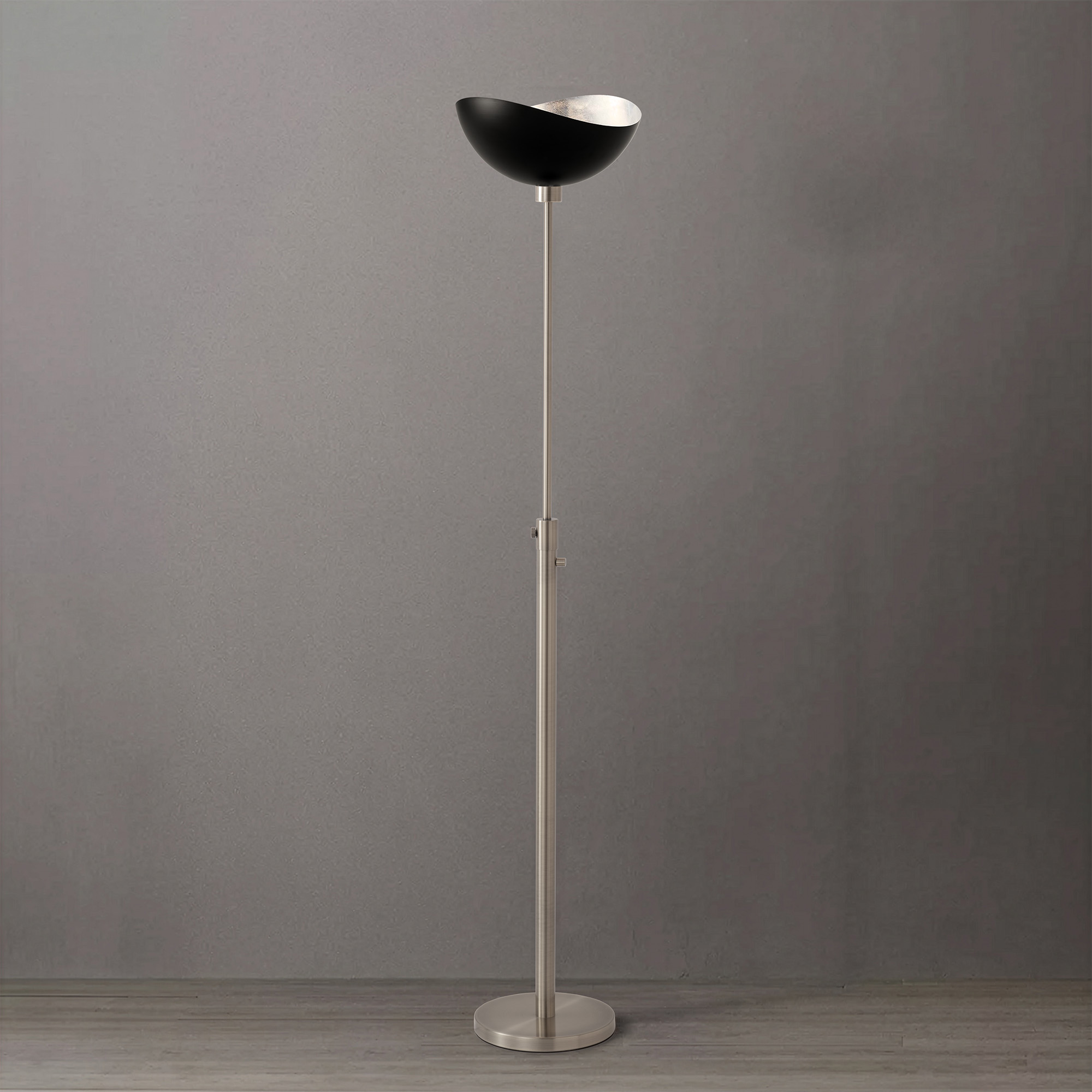 Torchiere Lamp, Satin Nickel , Luna Bella Matte Black/Silver Shade, Dimmable