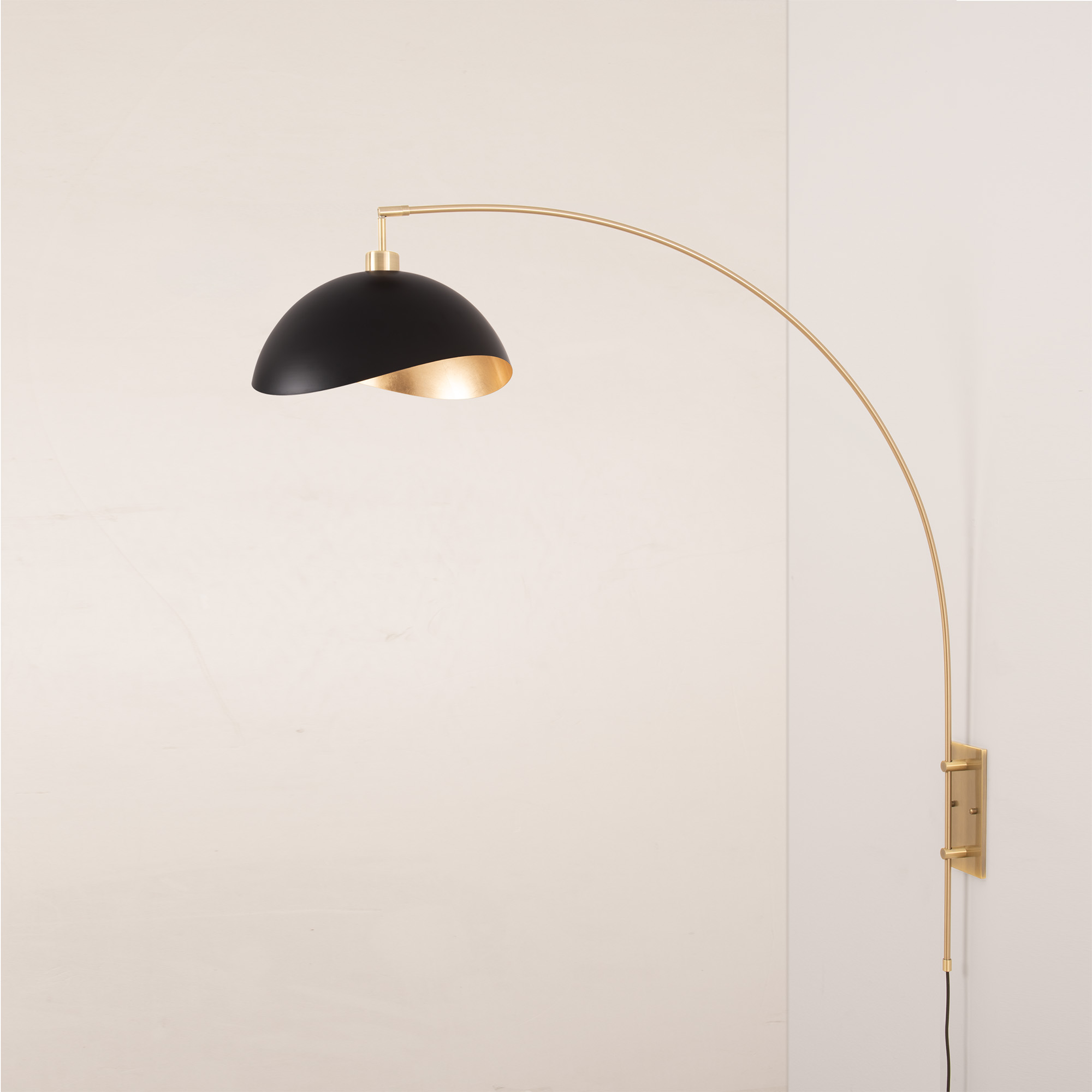 Wall Mounted Arc Lamp, Luna Bella Matte Black/Gold-Leaf Shade, Weathered Brass, Dimmable