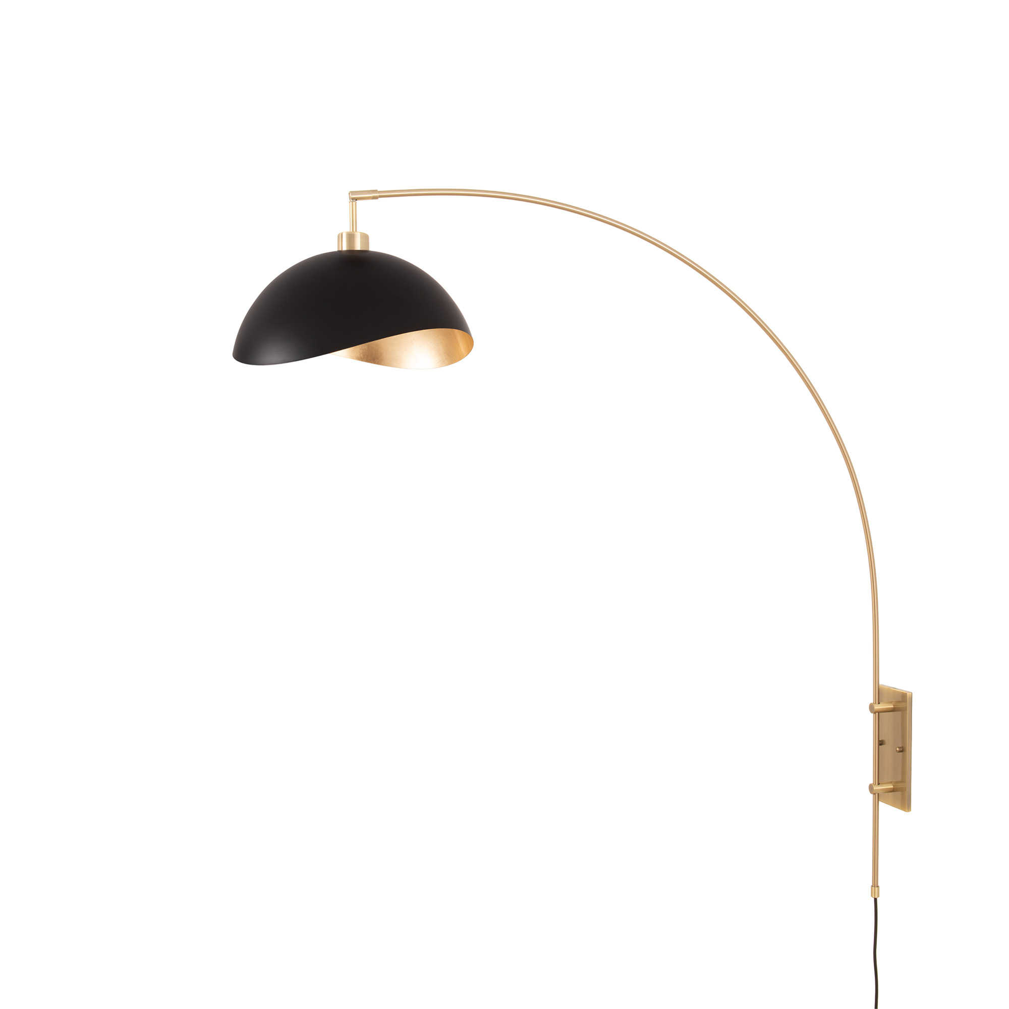 Wall Mounted Arc Lamp, Luna Bella Matte Black/Gold-Leaf Shade, Weathered Brass, Dimmable