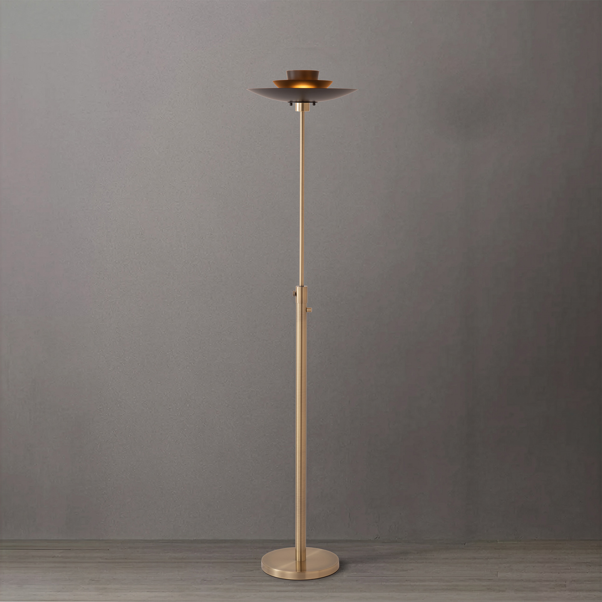 Torchiere Lamp, Weathered Brass, Rancho Mirage MatteBlack/Gold Shade, Dimmable