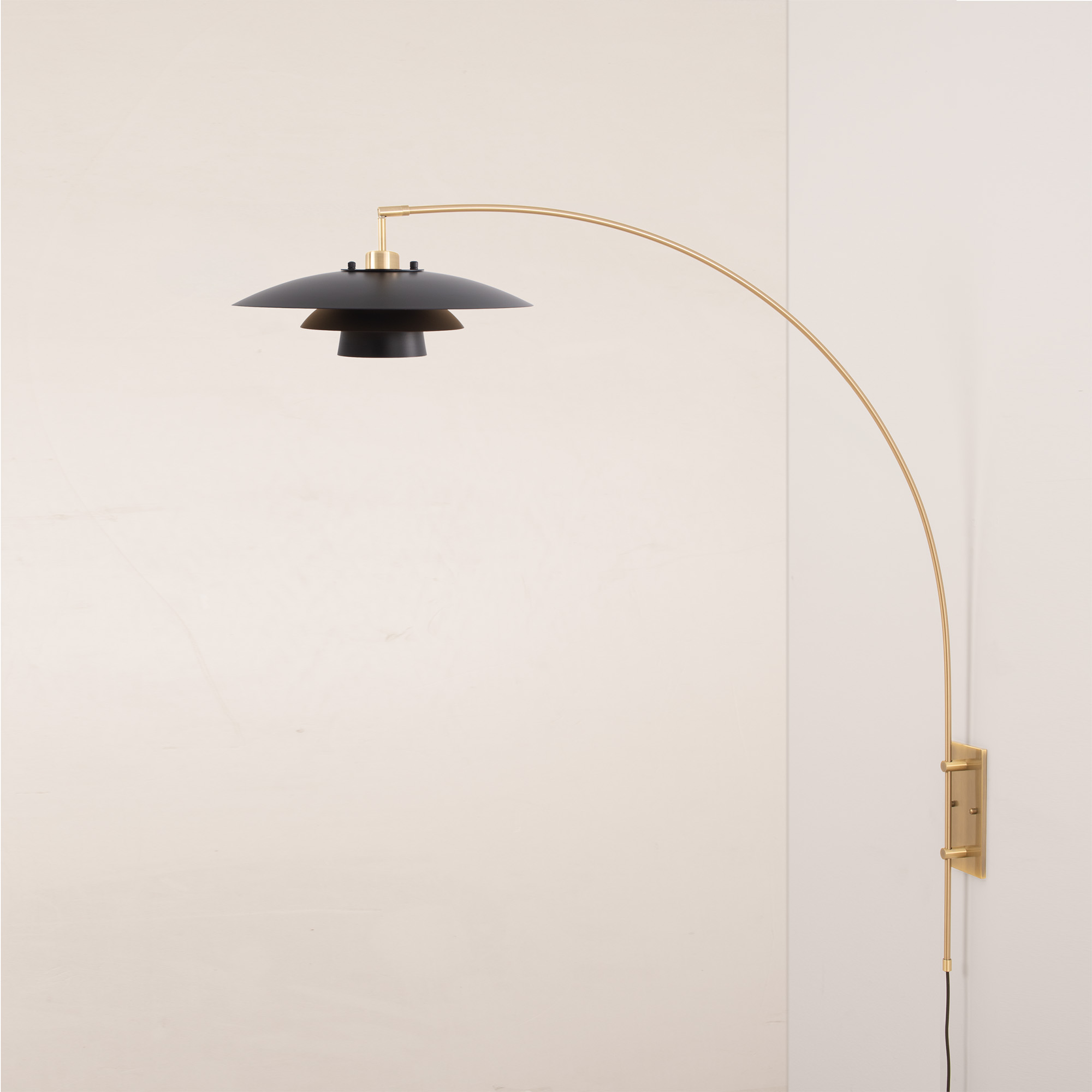 Wall Mounted Arc Lamp, Rancho Mirage Matte Black/Gold Shade, Weathered Brass, Dimmable