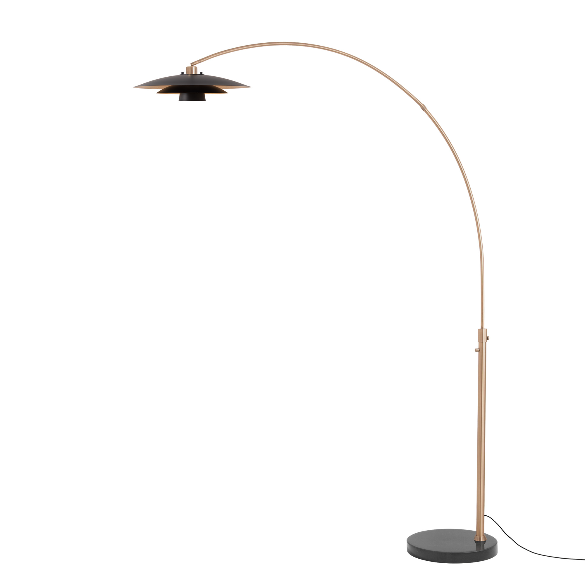 Float 92"H Arc Lamp, Rancho Mirage Matte Black/Gold Shade, Black Marble Base, Weathered Brass