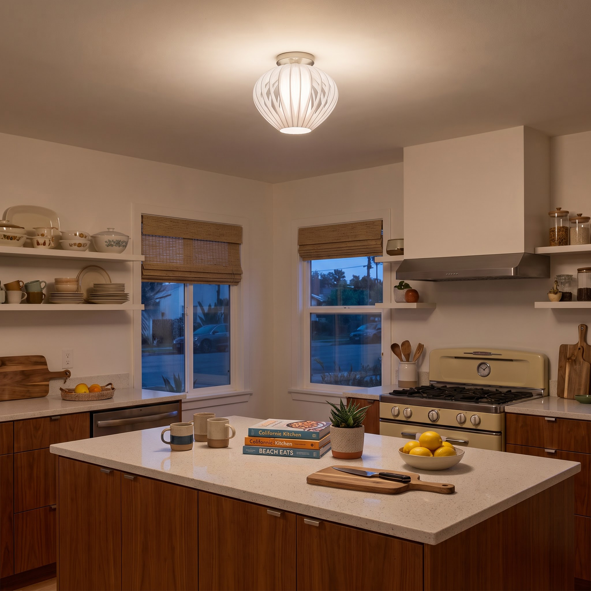 Bloom Flush Mount, White Satin Shade , Satin Nickel