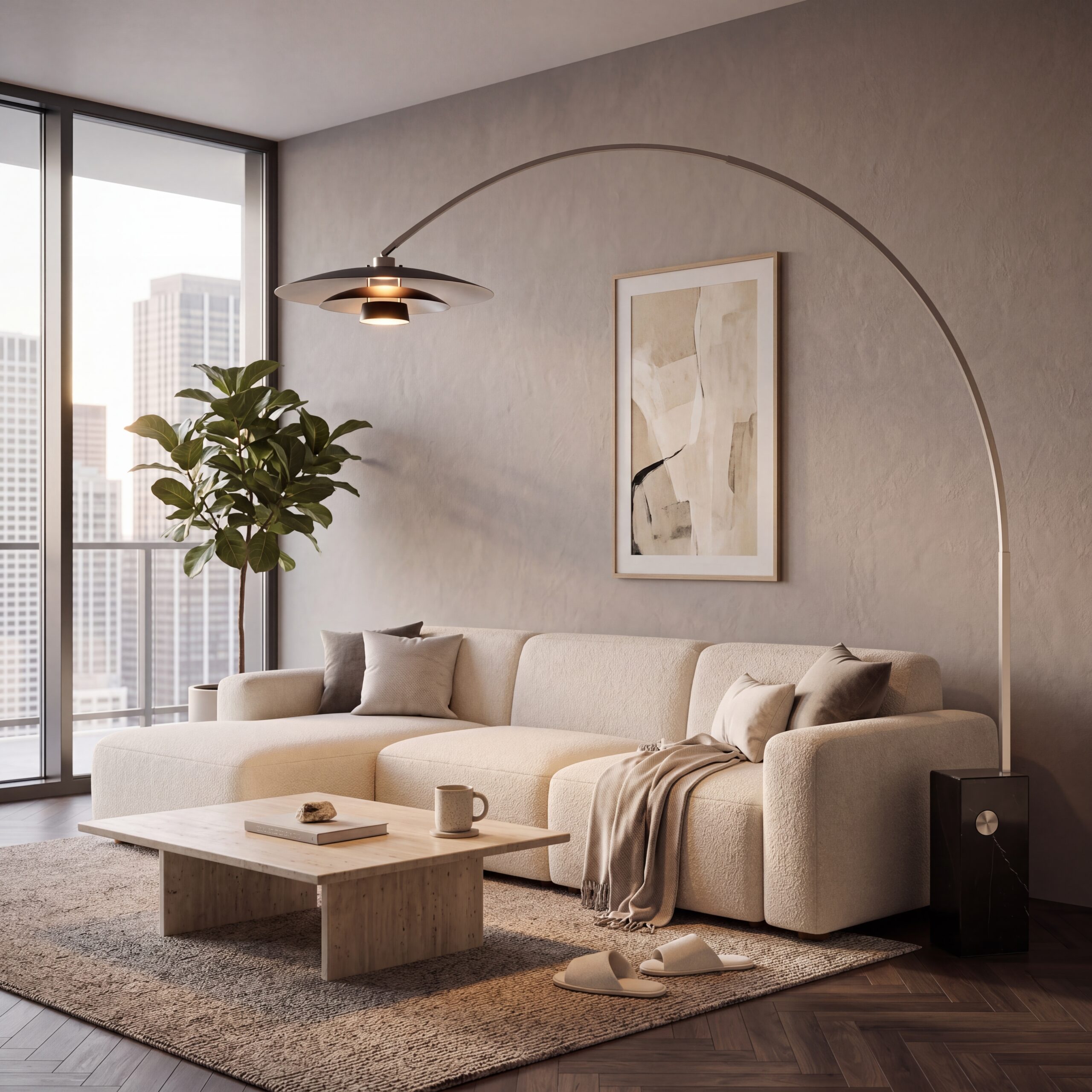 NOVA Rancho Mirage Arc Floor Lamp positioned next to a sofa in a modern living room