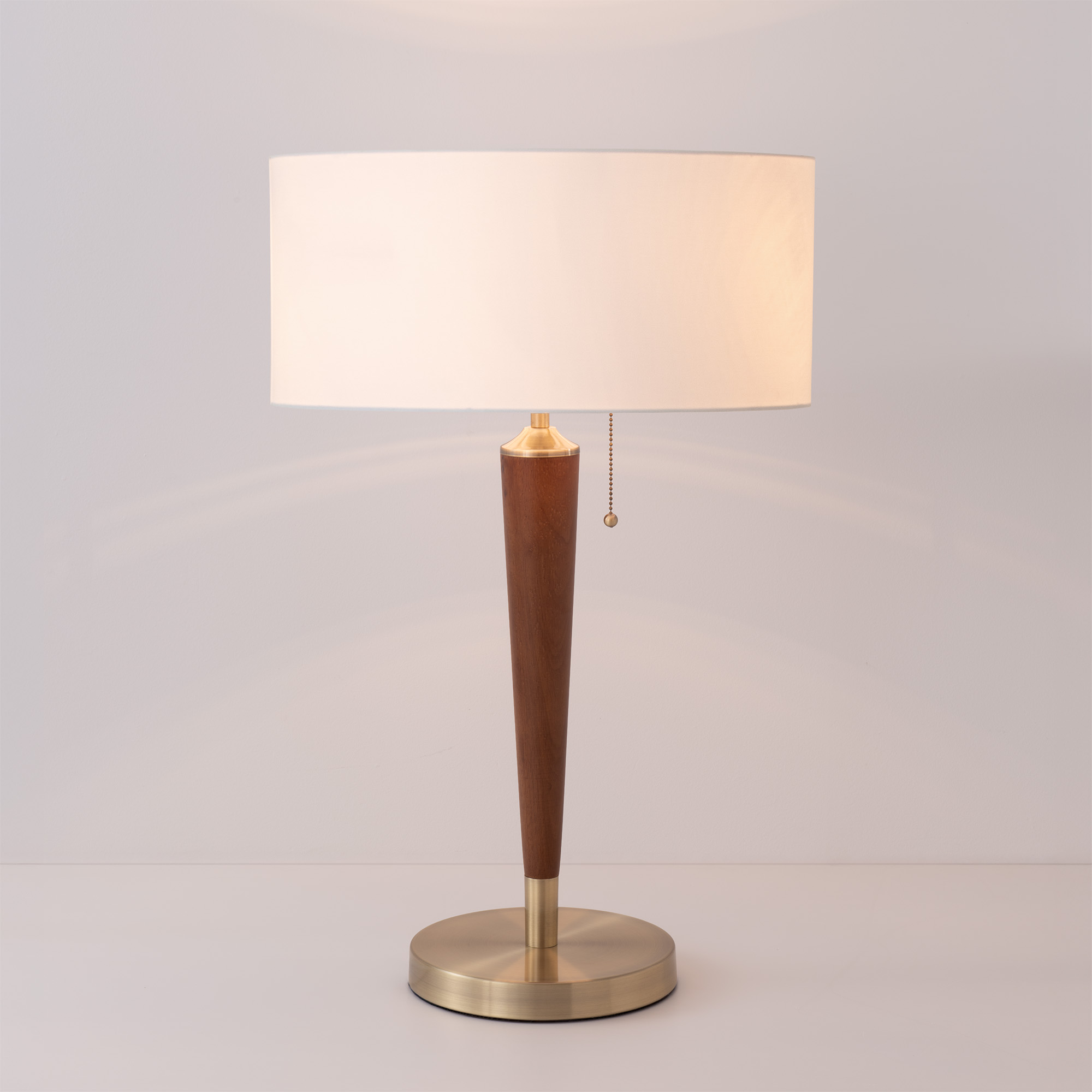 Pasadena Scallop Table Lamp, Scallop White Linen Shade, Dark Walnut, Weathered Brass Finial