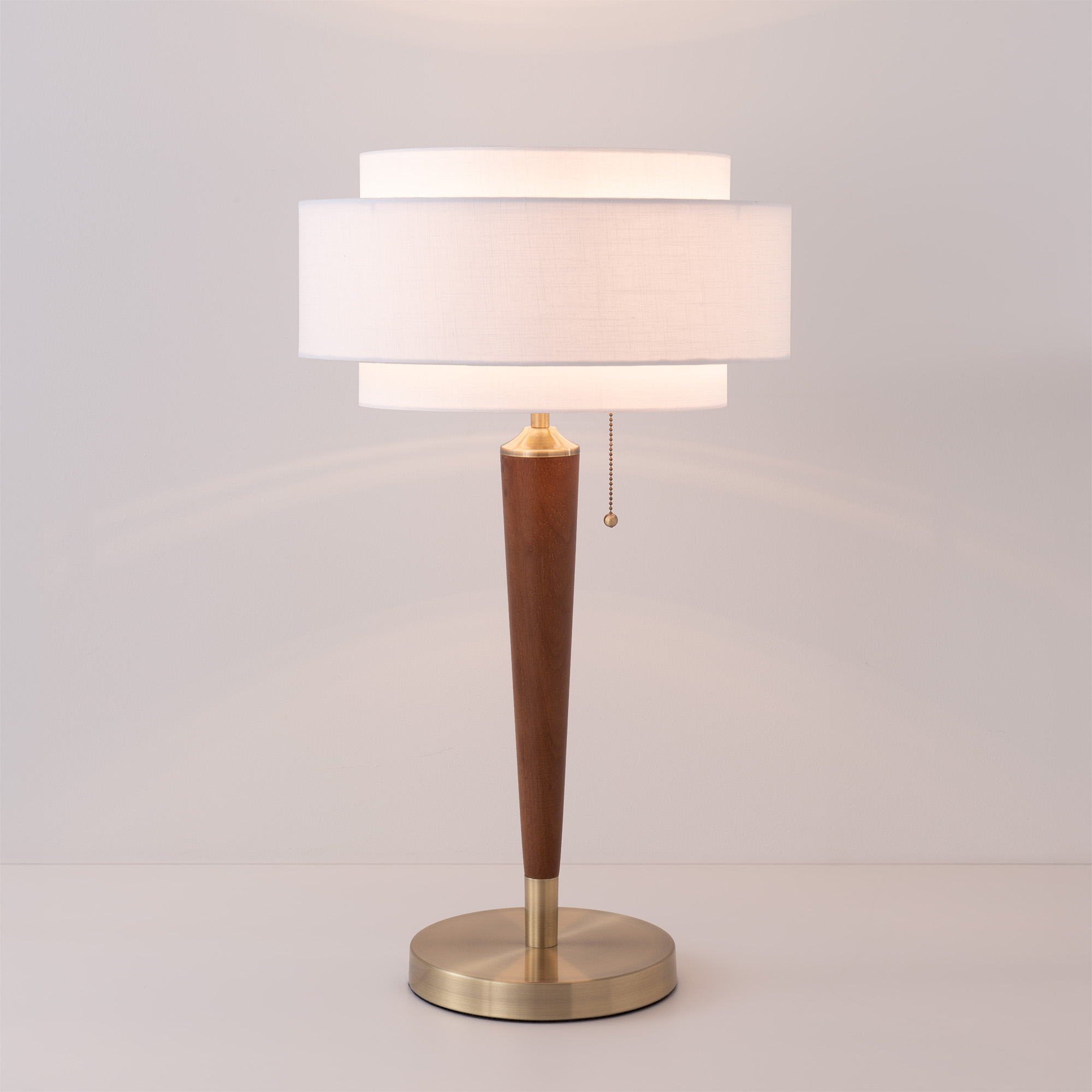 Pasadena Coronado Table Lamp, Drum White Linen Shade, Dark Walnut, Weathered Brass Finial
