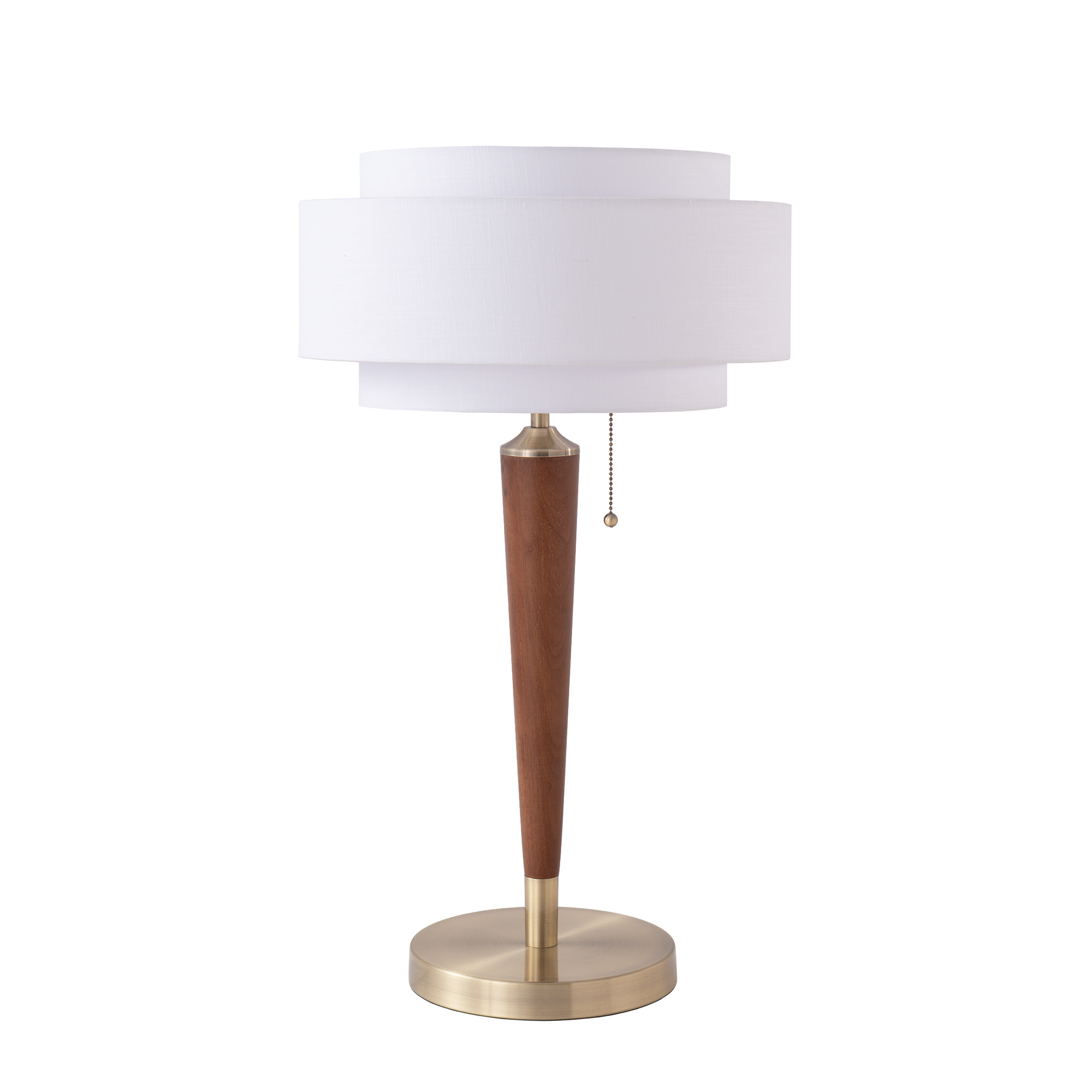 Pasadena Coronado Table Lamp, Drum White Linen Shade, Dark Walnut, Weathered Brass Finial