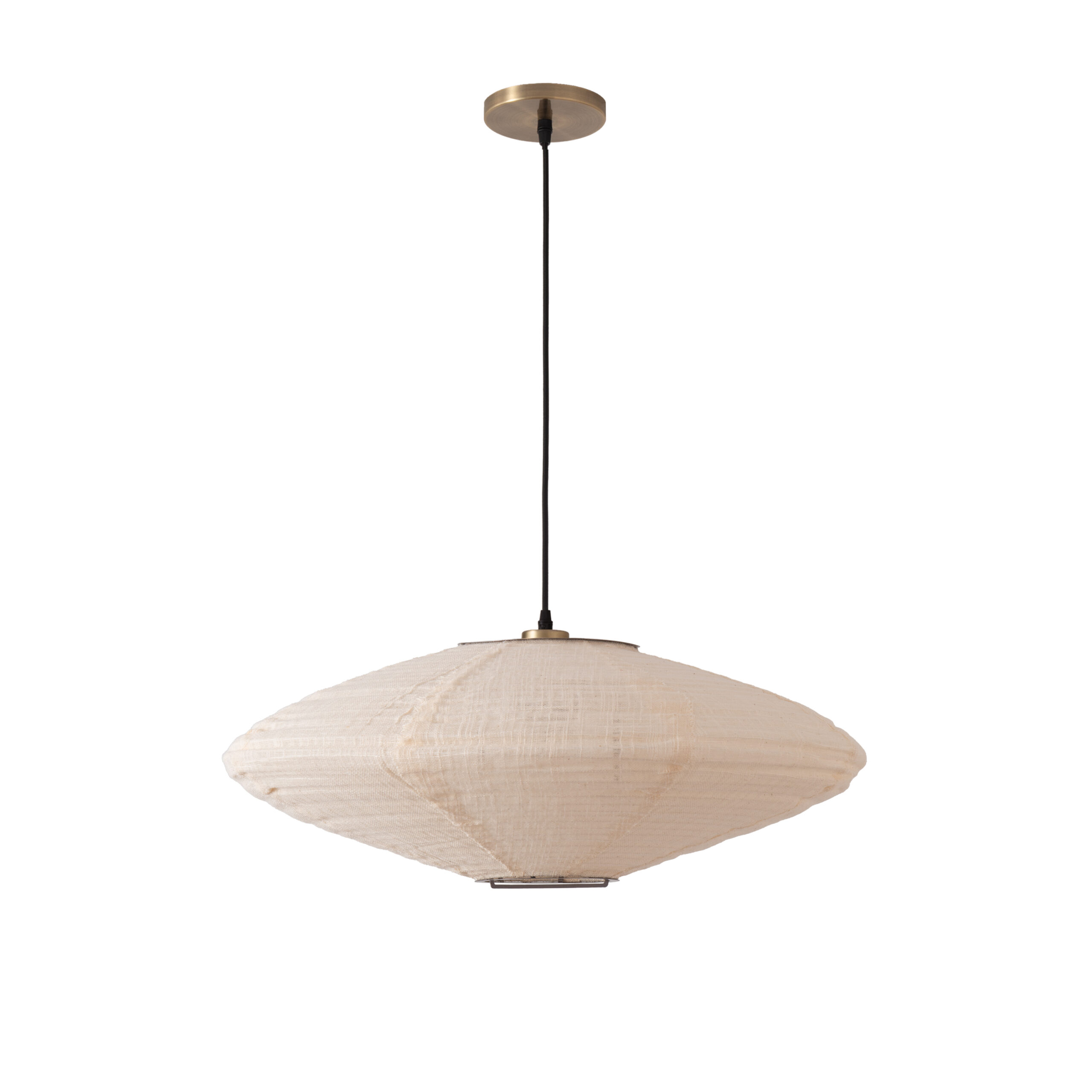 Roswell Pendant, Oval White Fabric Roswell Shade, Weathered Brass Steel Body, Steel Base, Not Included ELV Dimmer