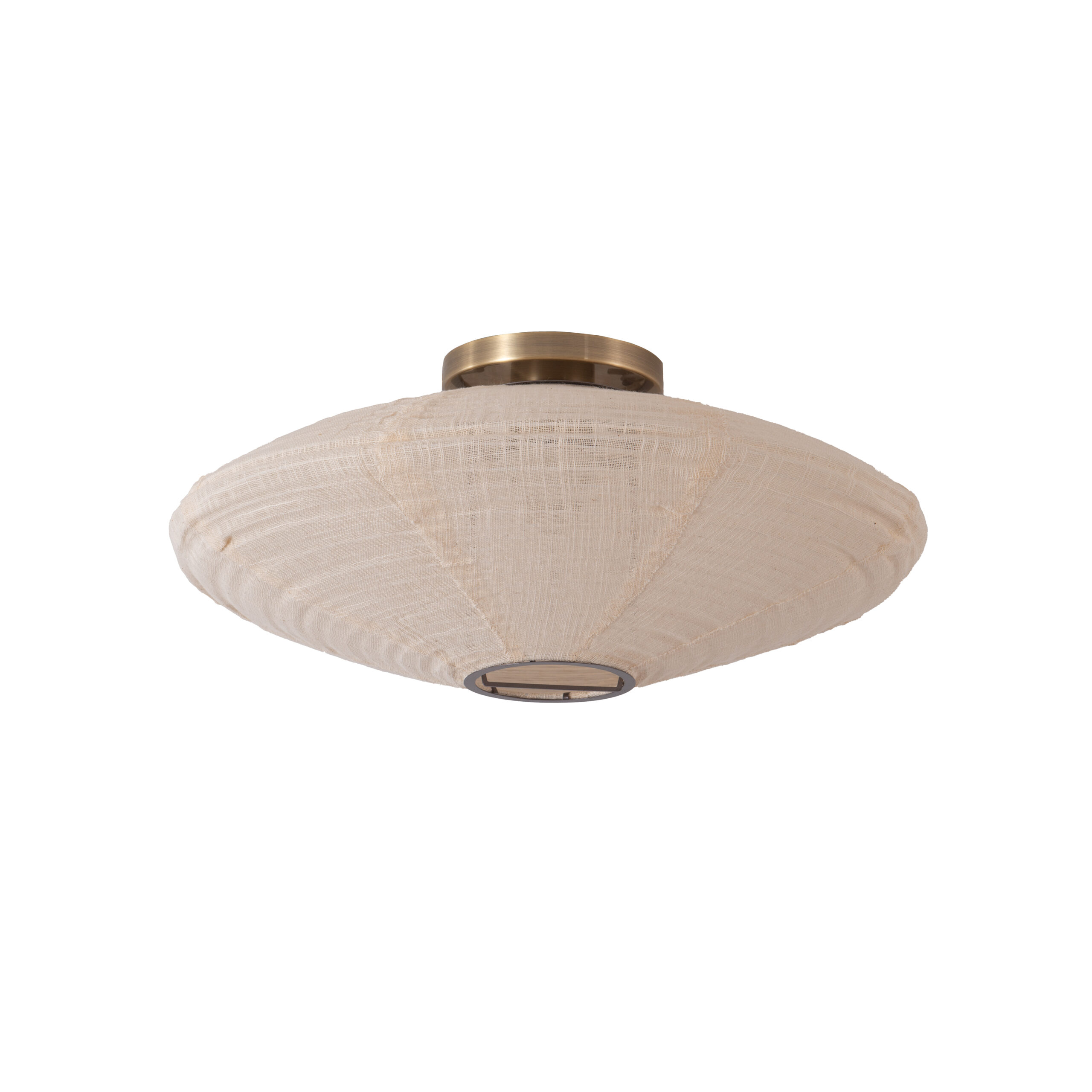 Roswell Flush Mount, Oval White Fabric Roswell Shade, Weathered Brass, Not Included ELV Dimmer