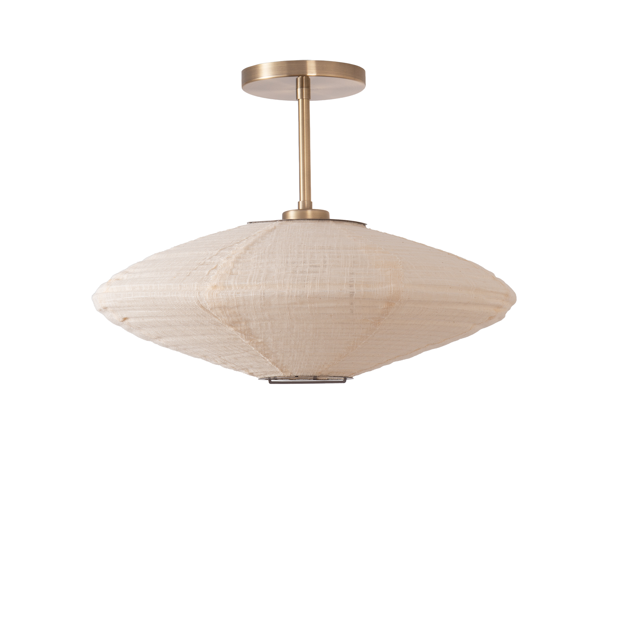 Roswell Semi Flush Mount, Oval White Fabric Roswell Shade, Weathered Brass, Not Included ELV Dimmer